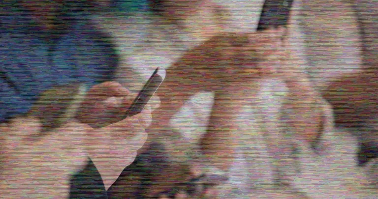 Image of multiple people being on their phones with a static overlay representing the attention trap created by social media algorithms.