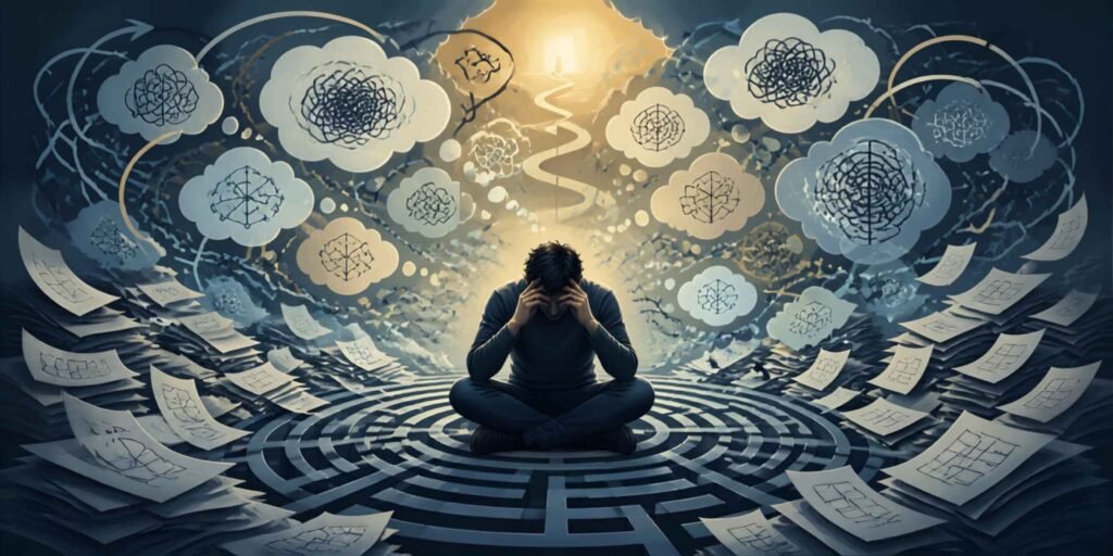 Person sitting overwhelmed in a labyrinth surrounded by complex thought bubbles and papers, representing analysis paralysis and overthinking.