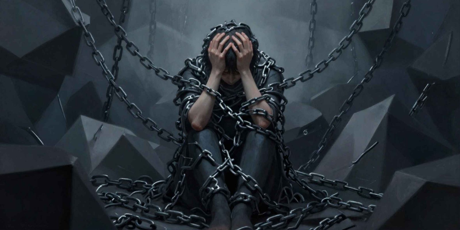 A dark, dramatic digital painting of a person sitting in despair, heavily bound and wrapped in iron chains within a dark, fractured geometric stone environment, representing anxiety, feeling stuck, and mental paralysis.
