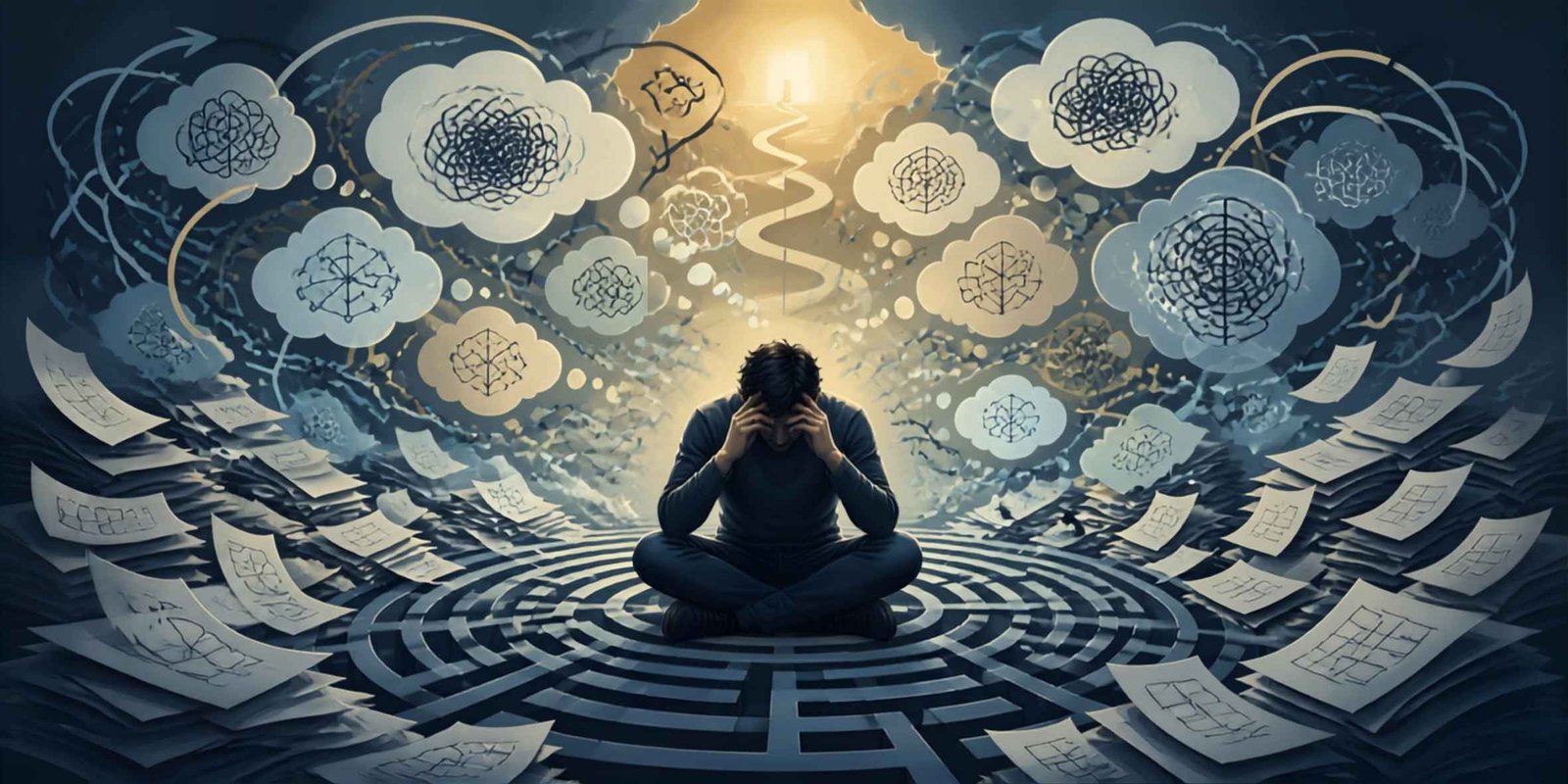 Person sitting overwhelmed in a labyrinth surrounded by complex thought bubbles and papers, representing analysis paralysis and overthinking.