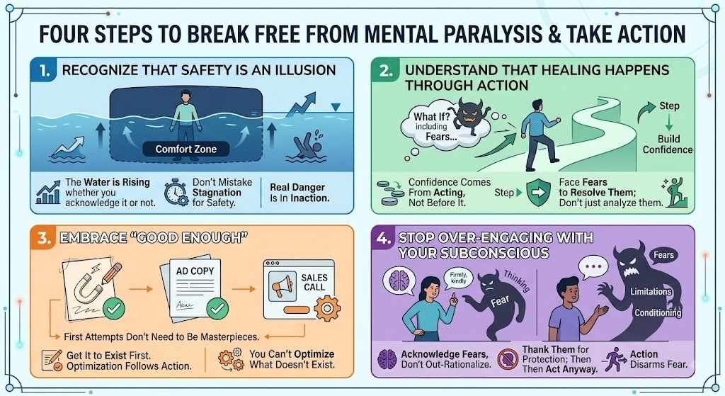 An infographic with four key strategies to overcome mental paralysis and take action: recognize that safety is an illusion, take action to build confidence, embrace imperfect "good enough" progress, and act despite subconscious fears or limiting beliefs.