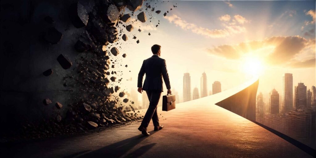 Businessman walking through a crumbling wall toward a bright city skyline, symbolizing how to overcome fear in business.