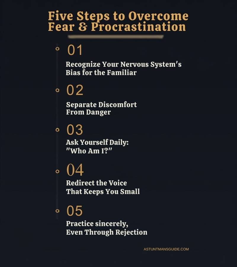 5 steps to overcome fear and procrastination in business infographic.