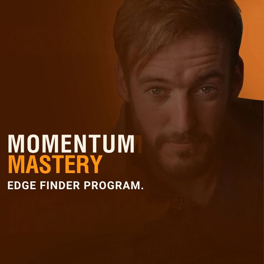 Close-up portrait of Brett Solomano looking at the camera against a warm amber background with text on the left that reads "Momentum Mastery Edge Finder Program."