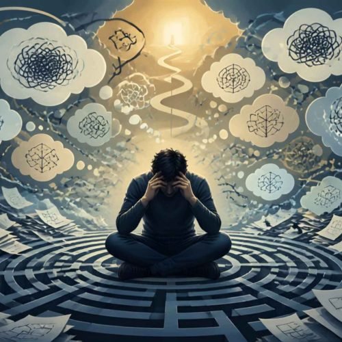 Person sitting overwhelmed in a labyrinth surrounded by complex thought bubbles and papers, representing analysis paralysis and overthinking.